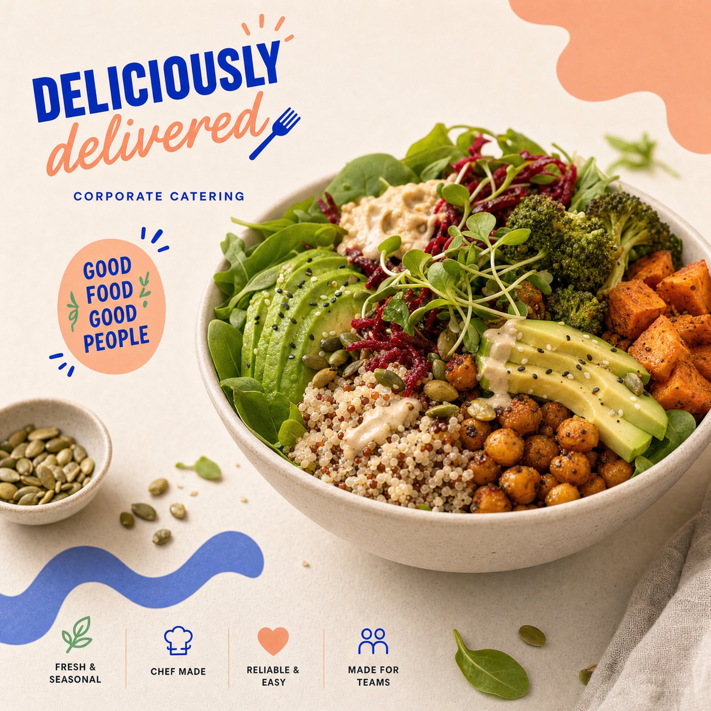 Close-up of a fresh, colourful Deliciously Delivered salad bowl