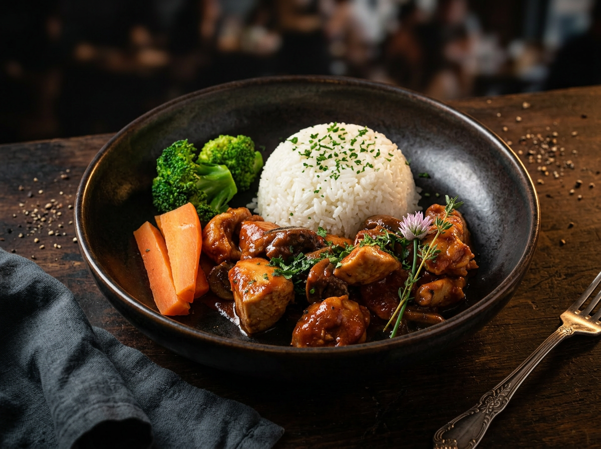 Chicken marengo with broccoli and carrots