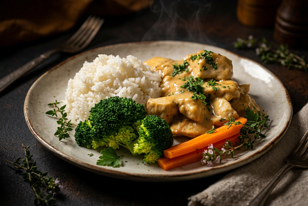 Chicken in thyme sauce with vegetables