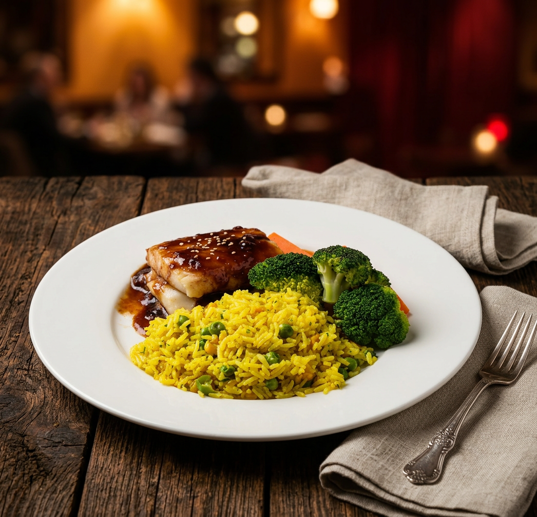 Teriyaki fish with rice and greens