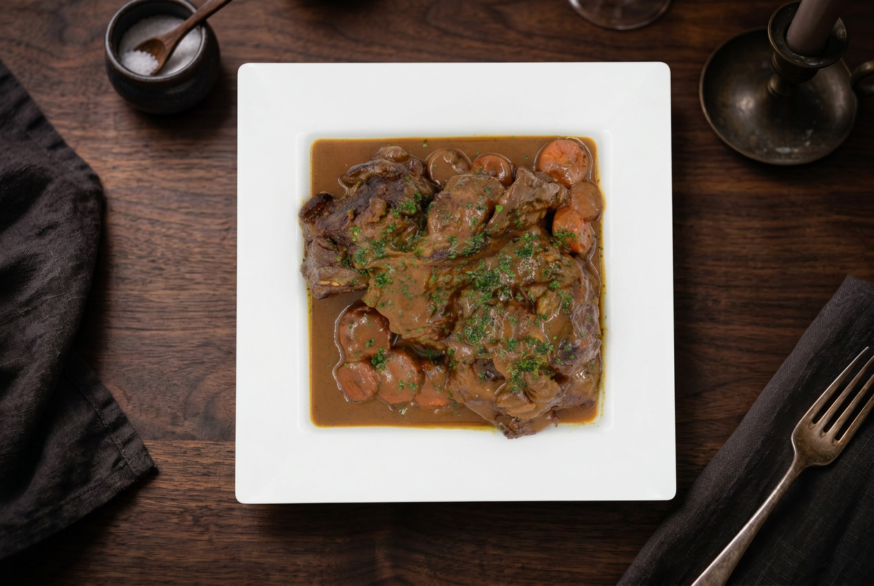 Slow-roasted lamb shoulder, plated