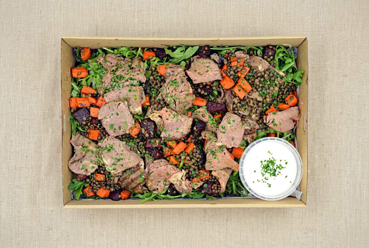 Roast beef, vegetable and lentil dish